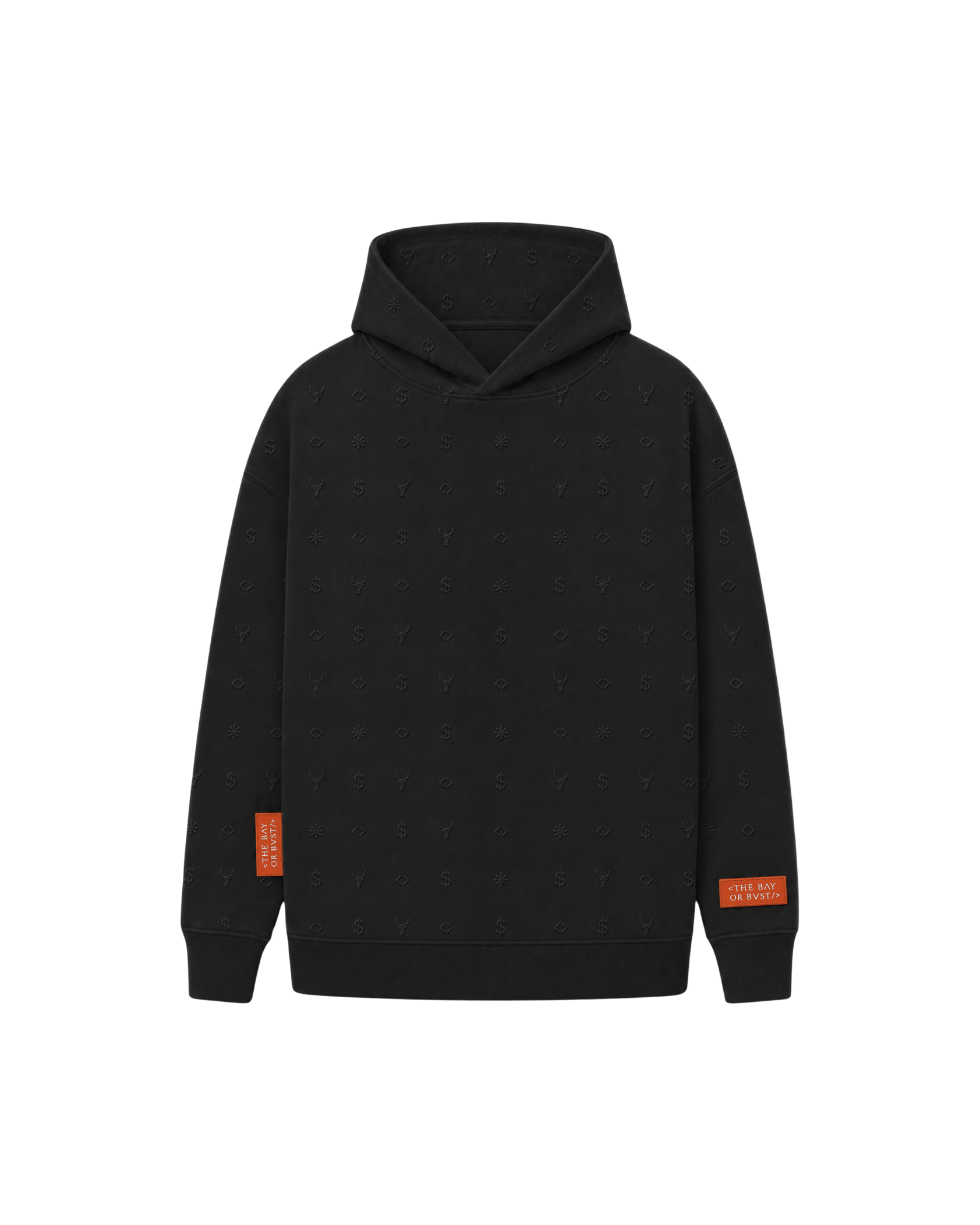 Front view of a black Bay or Bust Anthropic signature hoodie with BΛY OR BVST logo from the IPO Collection