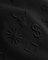 Close-up of the BΛY OR BVST logo on a black Bay or Bust Anthropic signature hoodie