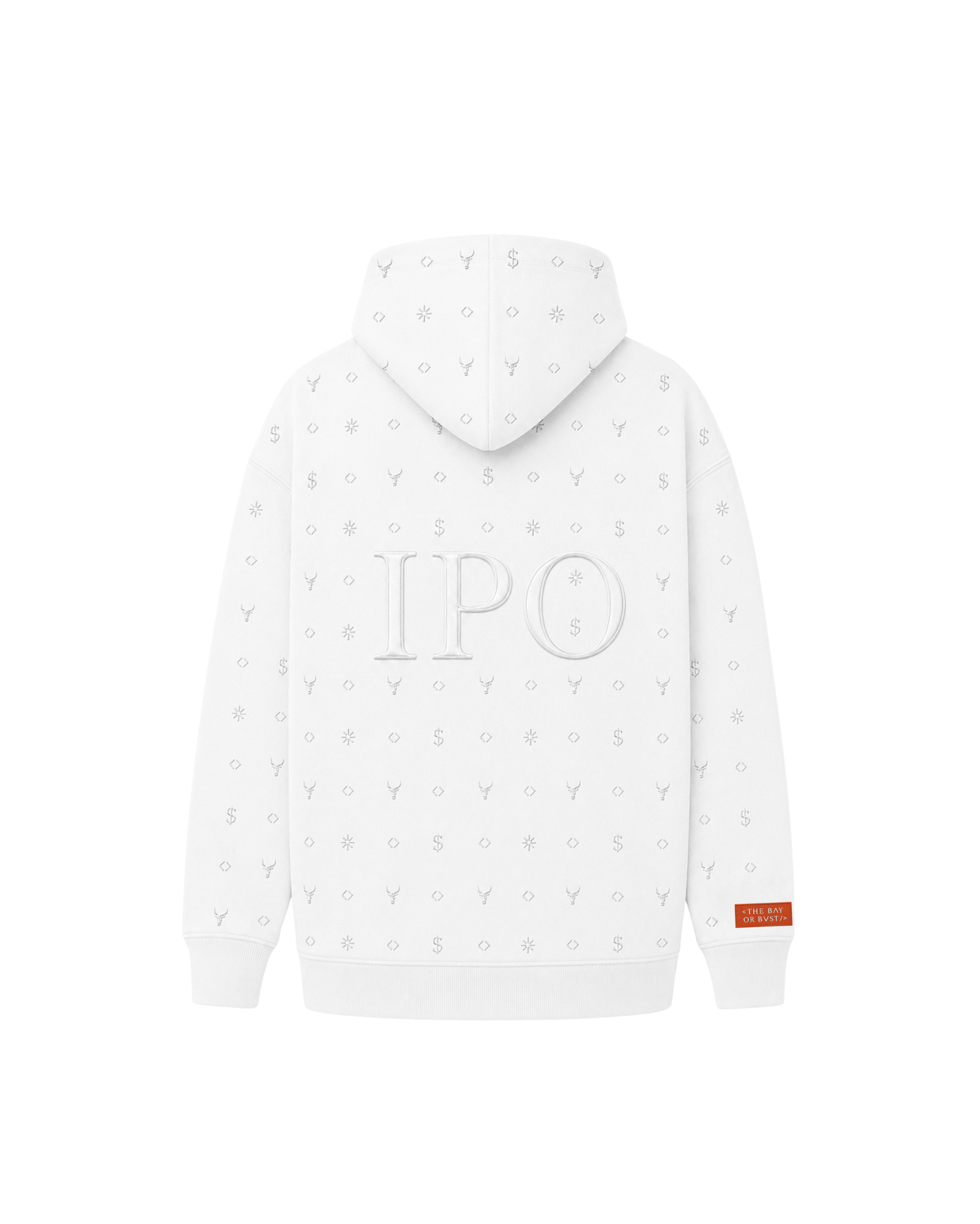 Back view of a white Bay or Bust Anthropic signature hoodie featuring BΛY OR BVST branding from the IPO Collection