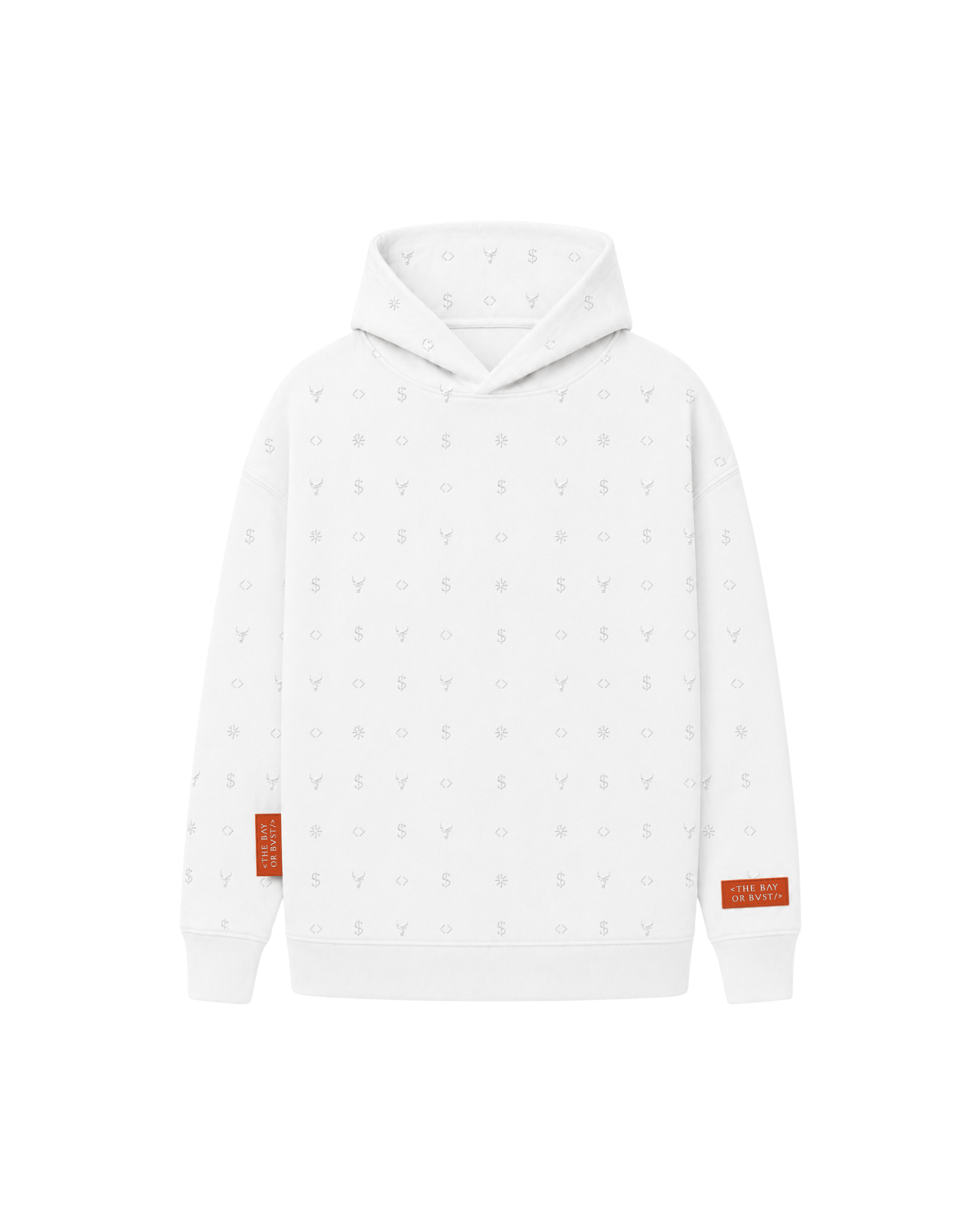 Front view of a white Bay or Bust Anthropic signature hoodie with BΛY OR BVST logo from the IPO Collection