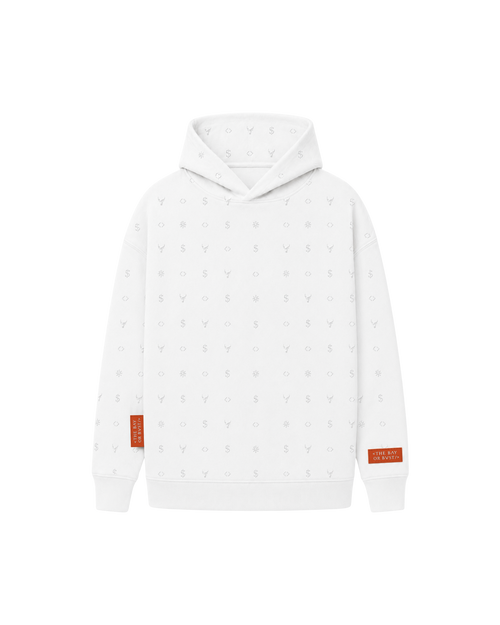 Front view of a white Bay or Bust Anthropic signature hoodie with BΛY OR BVST logo from the IPO Collection