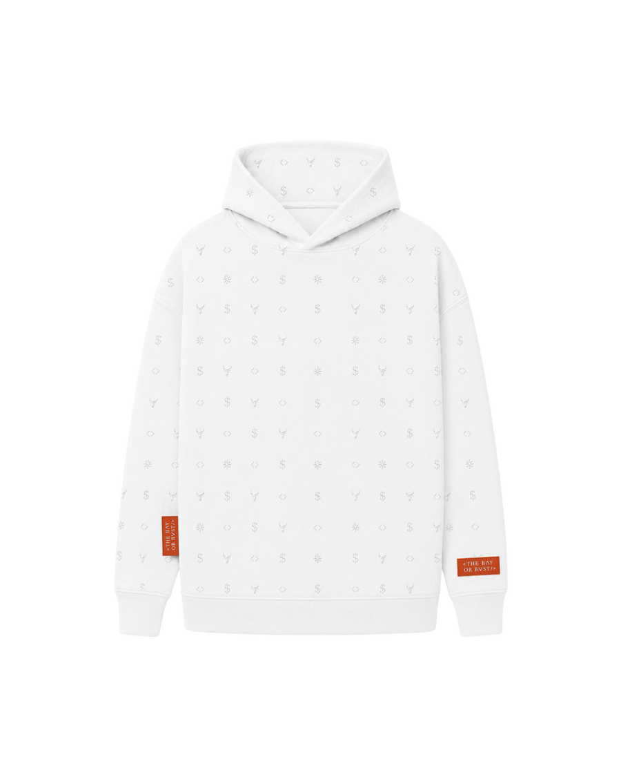 Front view of a white Bay or Bust Anthropic signature hoodie with BΛY OR BVST logo from the IPO Collection