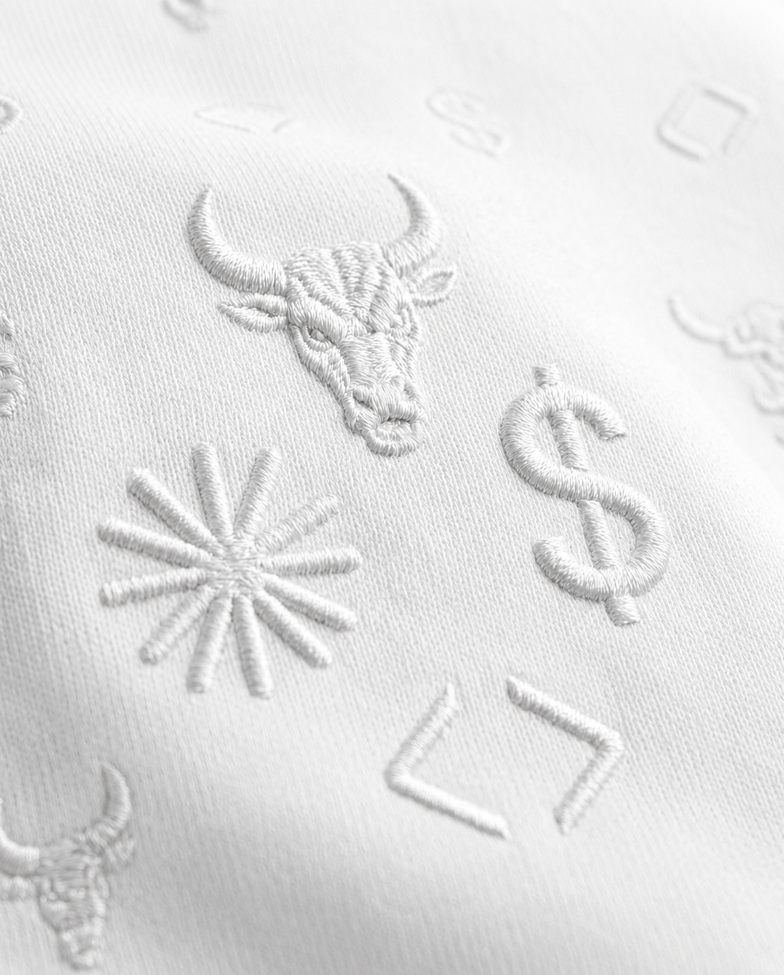 Close-up of the BΛY OR BVST logo on a white Bay or Bust Anthropic signature hoodie