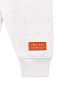 Close-up of the sleeve design on a white Bay or Bust Anthropic signature hoodie from the IPO Collection
