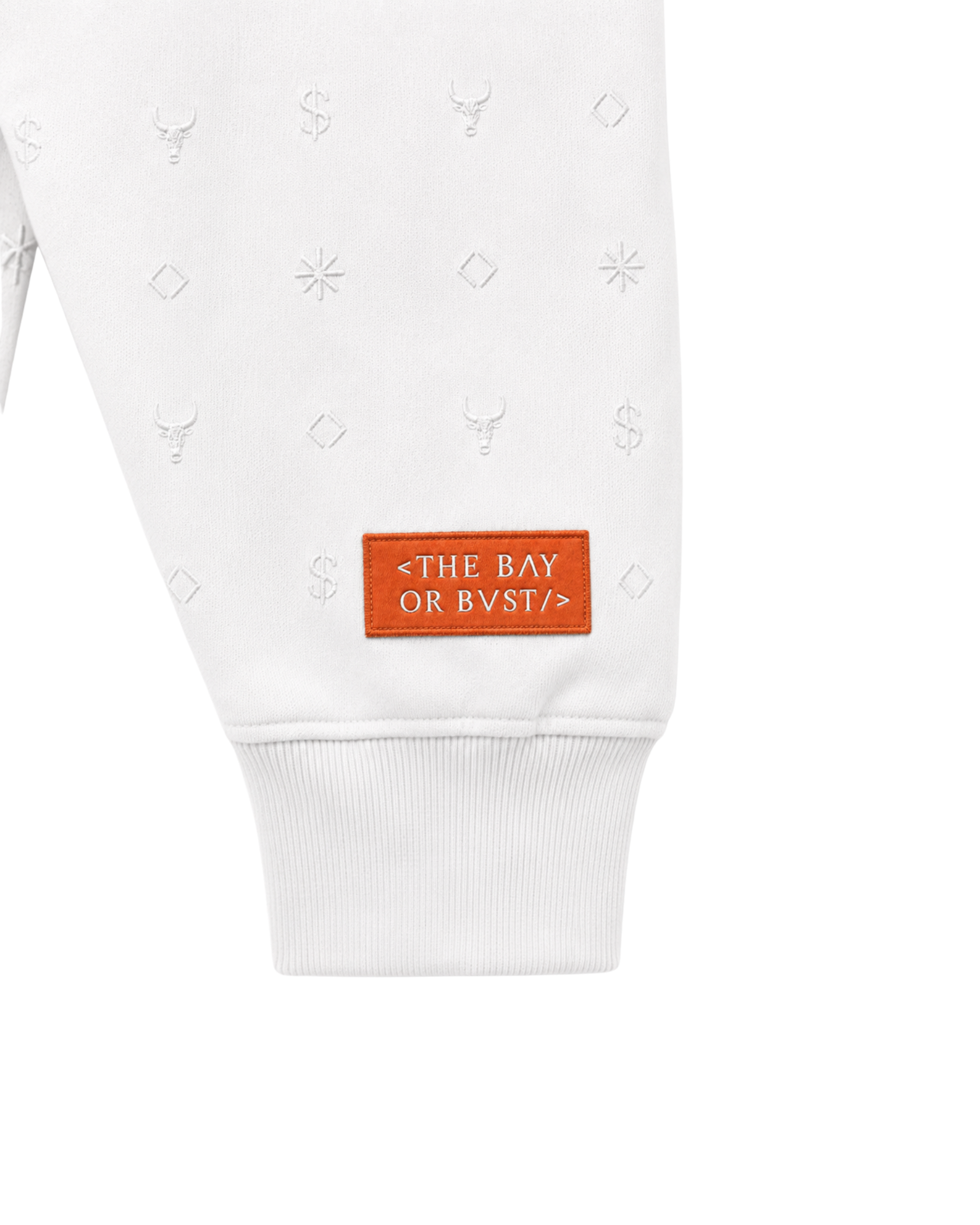 Close-up of the sleeve design on a white Bay or Bust Anthropic signature hoodie from the IPO Collection