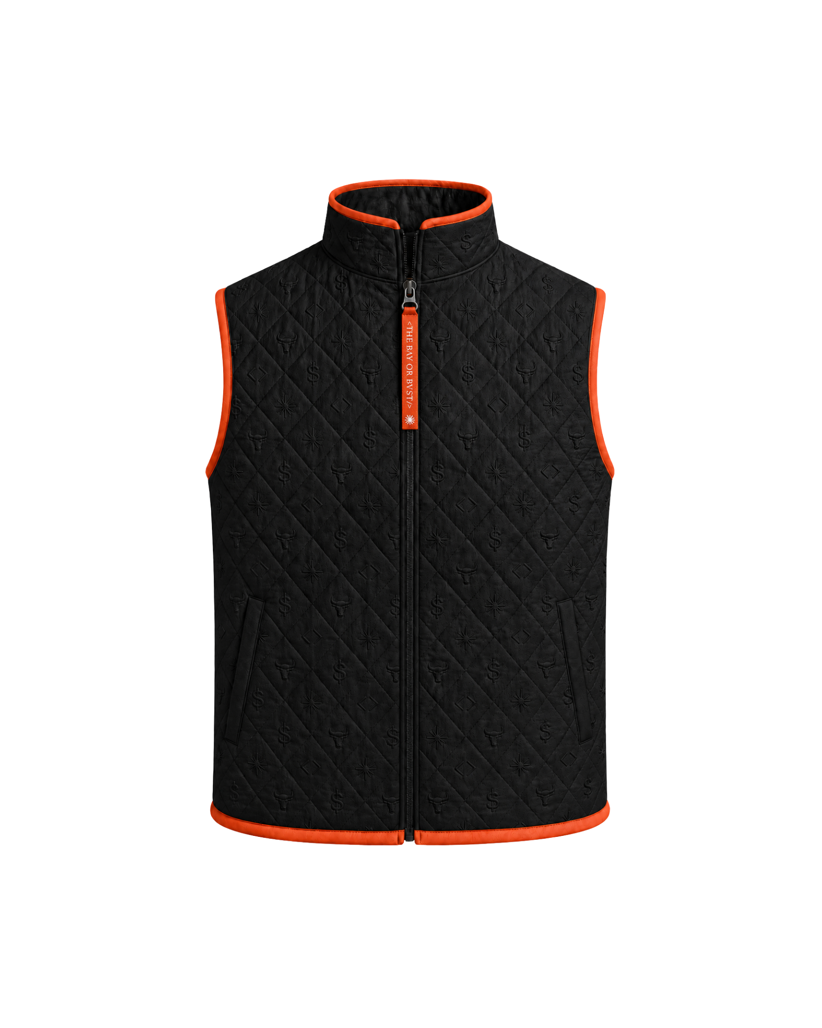 Front view of a black Bay or Bust Anthropic signature vest with BΛY OR BVST logo from the IPO Collection