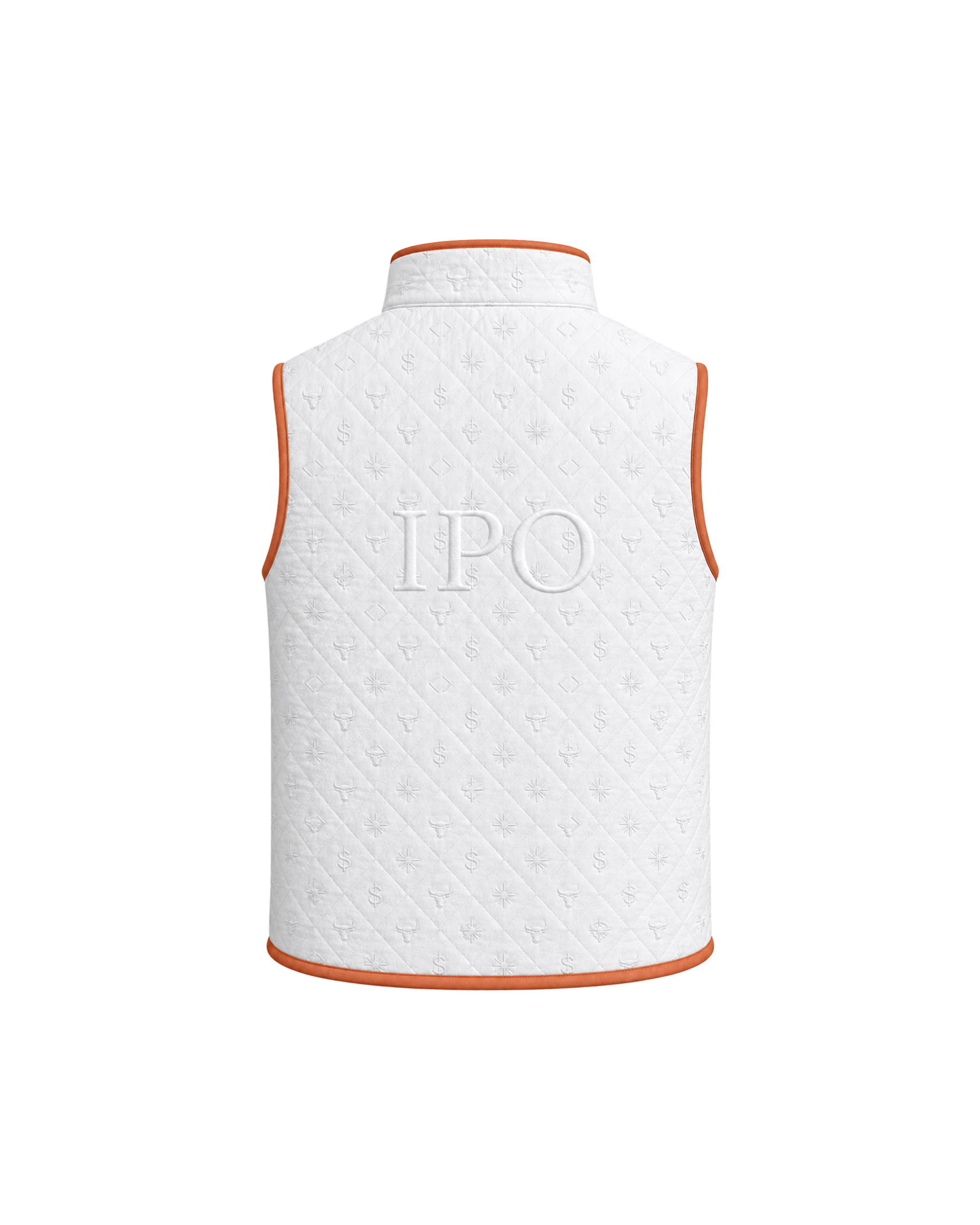 Back view of a white Bay or Bust Anthropic signature vest featuring BΛY OR BVST branding from the IPO Collection