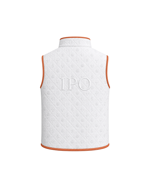 Back view of a white Bay or Bust Anthropic signature vest featuring BΛY OR BVST branding from the IPO Collection