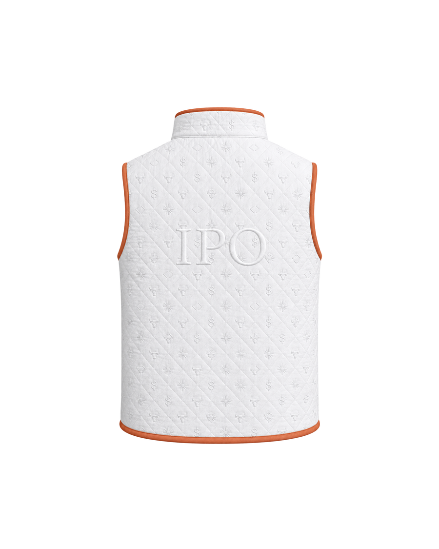 Back view of a white Bay or Bust Anthropic signature vest featuring BΛY OR BVST branding from the IPO Collection