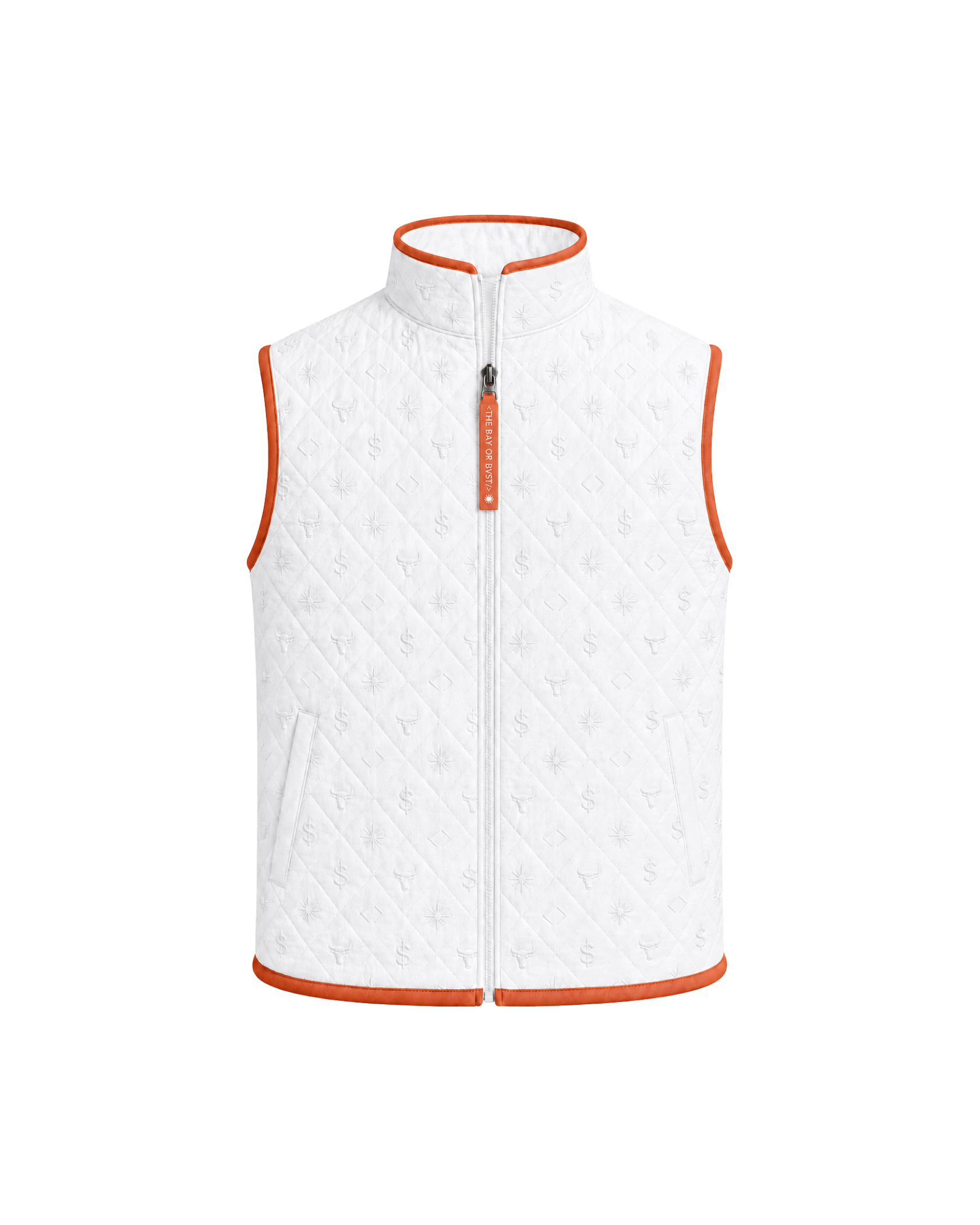 Front view of a white Bay or Bust Anthropic signature vest with BΛY OR BVST logo from the IPO Collection
