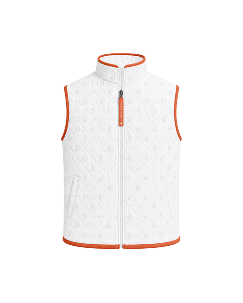 Front view of a white Bay or Bust Anthropic signature vest with BΛY OR BVST logo from the IPO Collection