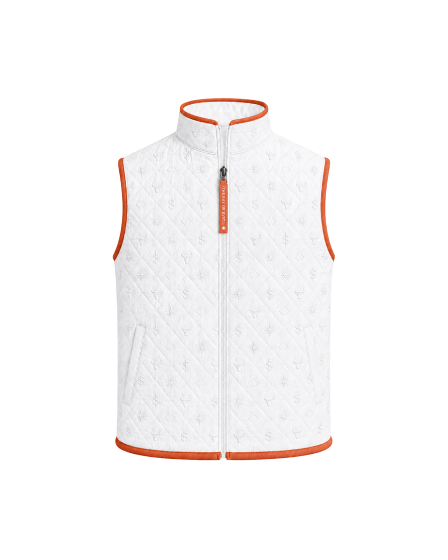 Front view of a white Bay or Bust Anthropic signature vest with BΛY OR BVST logo from the IPO Collection