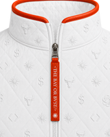 Close-up of the BΛY OR BVST logo on a white Bay or Bust Anthropic signature vest