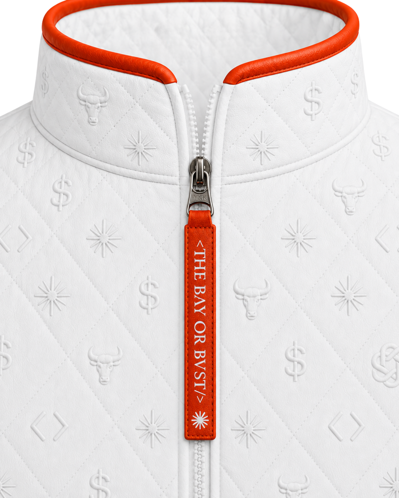 Close-up of the BΛY OR BVST logo on a white Bay or Bust Anthropic signature vest