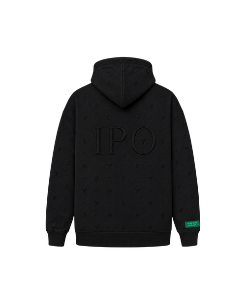 Back view of a black Bay or Bust OpenAI signature hoodie featuring BΛY OR BVST branding from the IPO Collection