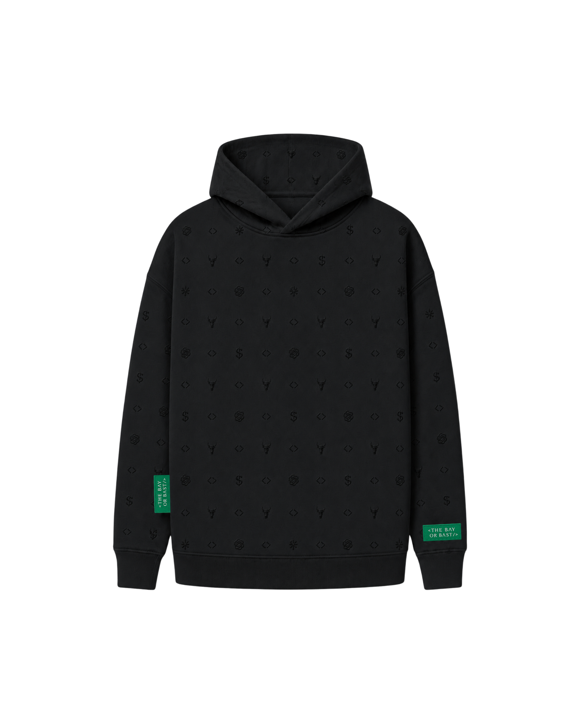 Front view of a black Bay or Bust OpenAI signature hoodie with BΛY OR BVST logo from the IPO Collection