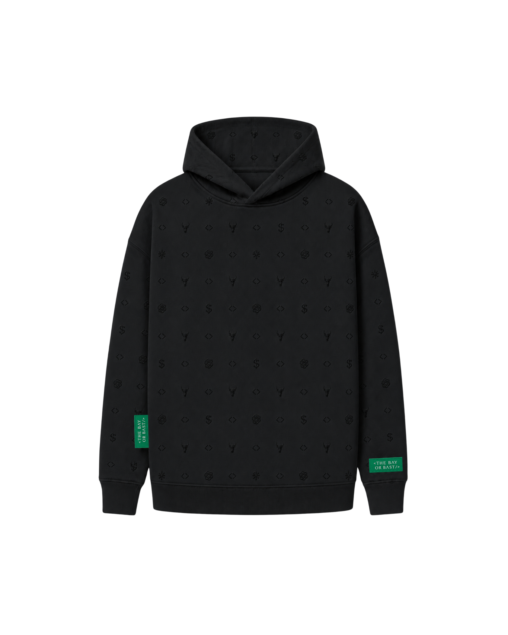 Front view of a black Bay or Bust OpenAI signature hoodie with BΛY OR BVST logo from the IPO Collection