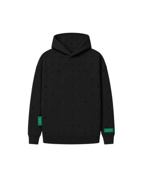 Front view of a black Bay or Bust OpenAI signature hoodie with BΛY OR BVST logo from the IPO Collection