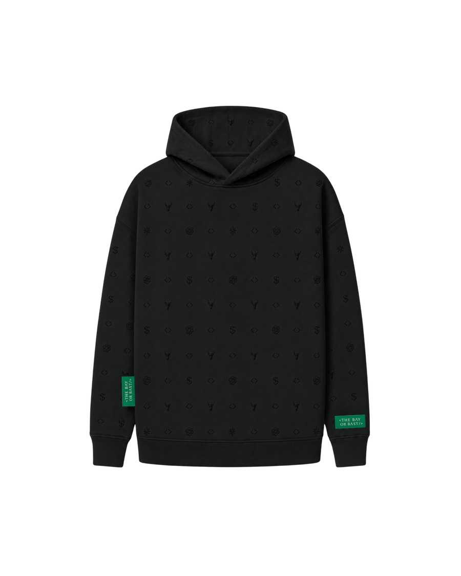 Front view of a black Bay or Bust OpenAI signature hoodie with BΛY OR BVST logo from the IPO Collection