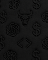 Close-up of the BΛY OR BVST logo on a black Bay or Bust OpenAI signature hoodie