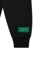 Close-up of the sleeve design on a black Bay or Bust OpenAI signature hoodie from the IPO Collection