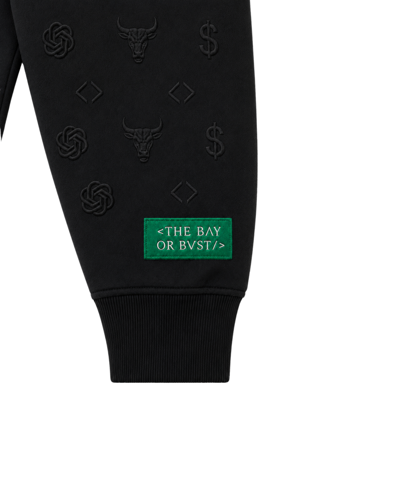 Close-up of the sleeve design on a black Bay or Bust OpenAI signature hoodie from the IPO Collection