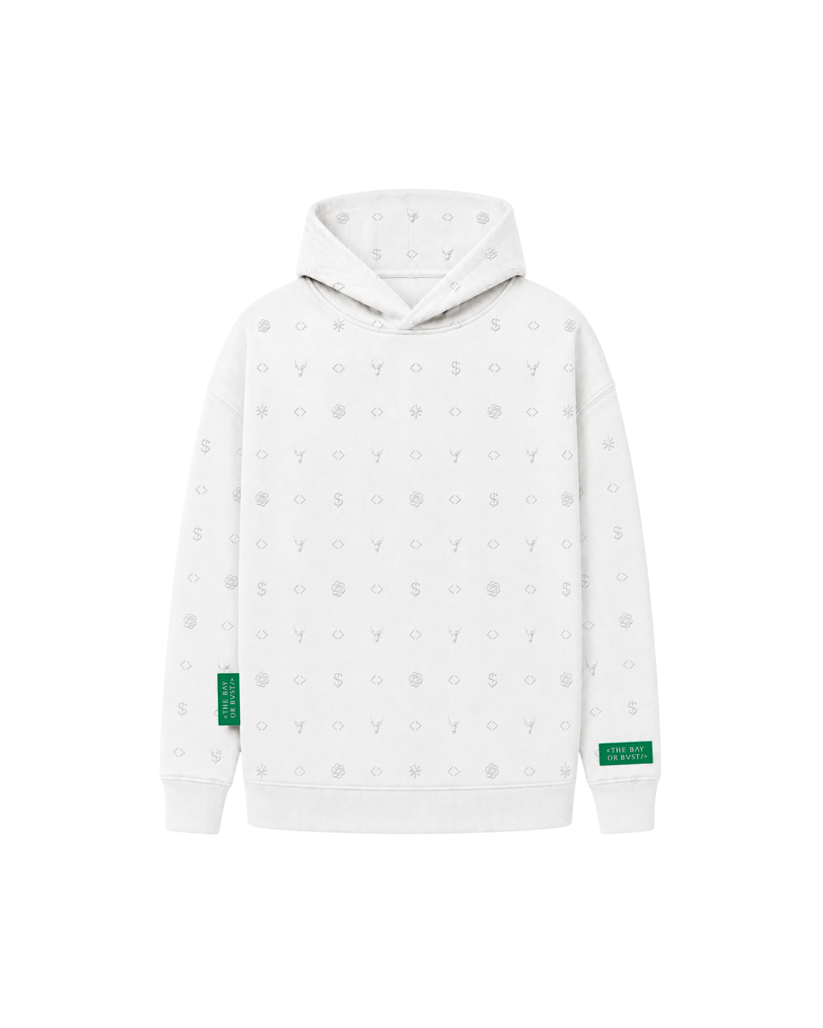 Front view of a white Bay or Bust OpenAI signature hoodie with BΛY OR BVST logo from the IPO Collection