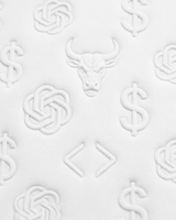 Close-up of the BΛY OR BVST logo on a white Bay or Bust OpenAI signature hoodie