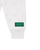 Close-up of the sleeve design on a white Bay or Bust OpenAI signature hoodie from the IPO Collection