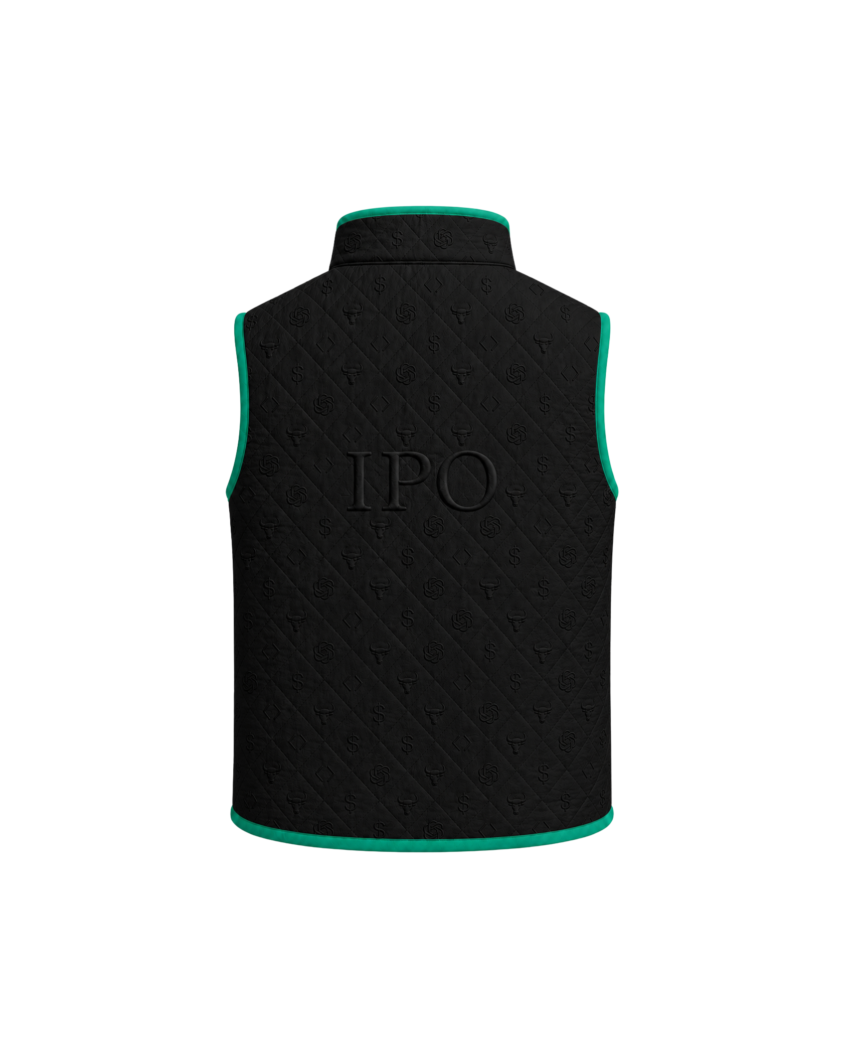 Back view of a black Bay or Bust OpenAI signature vest featuring BΛY OR BVST branding from the IPO Collection