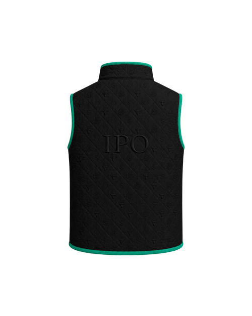 Back view of a black Bay or Bust OpenAI signature vest featuring BΛY OR BVST branding from the IPO Collection