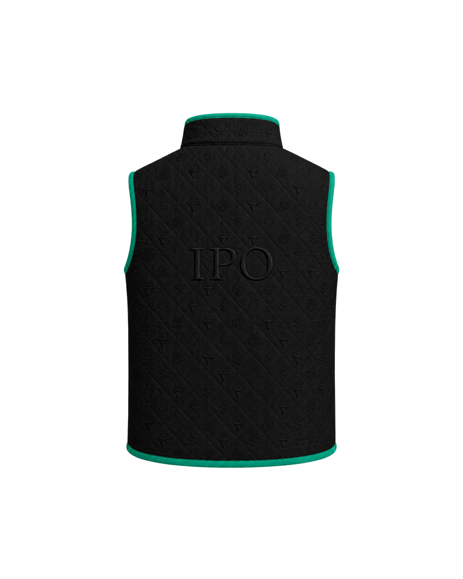 Back view of a black Bay or Bust OpenAI signature vest featuring BΛY OR BVST branding from the IPO Collection