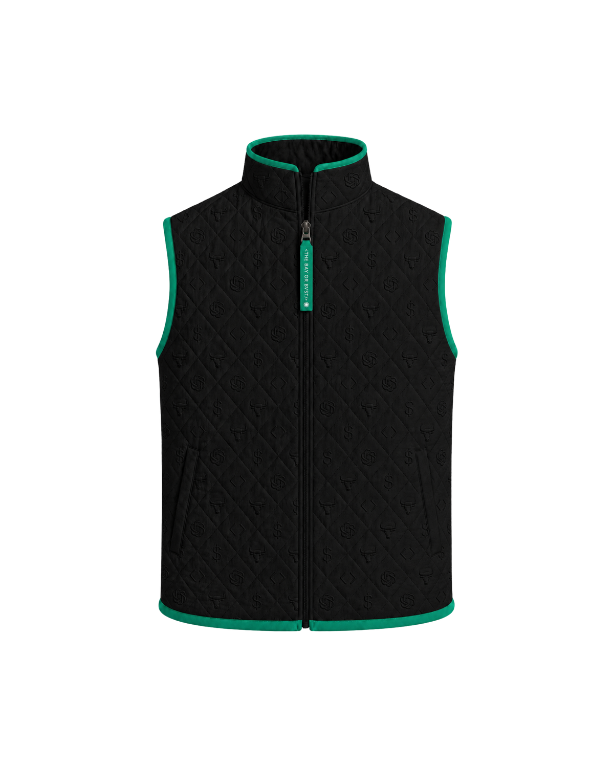 Front view of a black Bay or Bust OpenAI signature vest with BΛY OR BVST logo from the IPO Collection