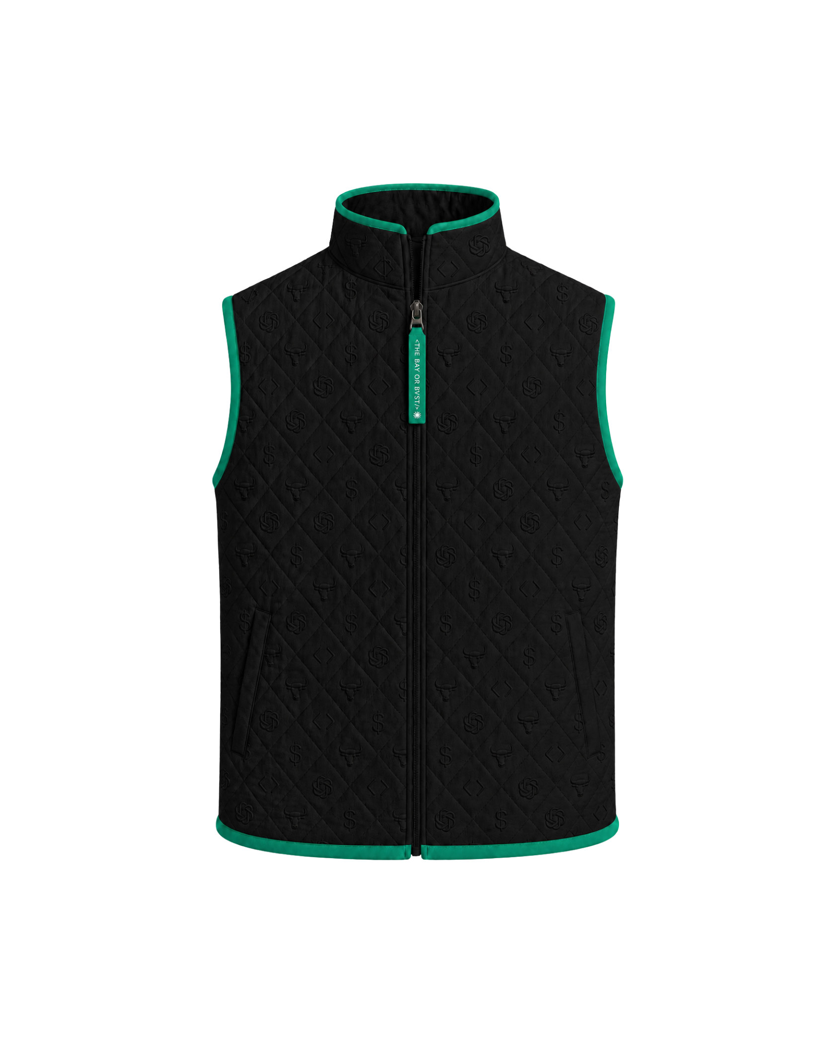 Front view of a black Bay or Bust OpenAI signature vest with BΛY OR BVST logo from the IPO Collection