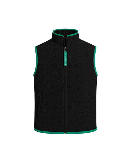 Front view of a black Bay or Bust OpenAI signature vest with BΛY OR BVST logo from the IPO Collection