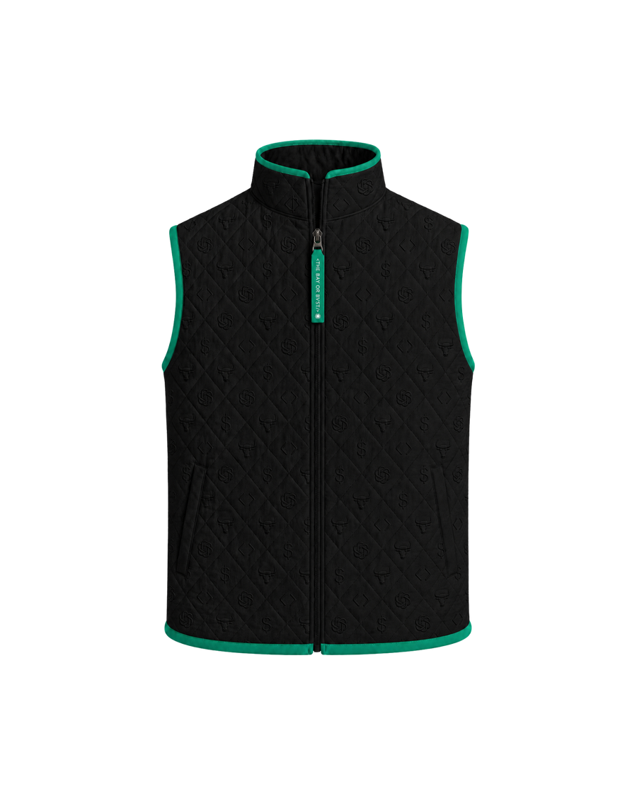 Front view of a black Bay or Bust OpenAI signature vest with BΛY OR BVST logo from the IPO Collection