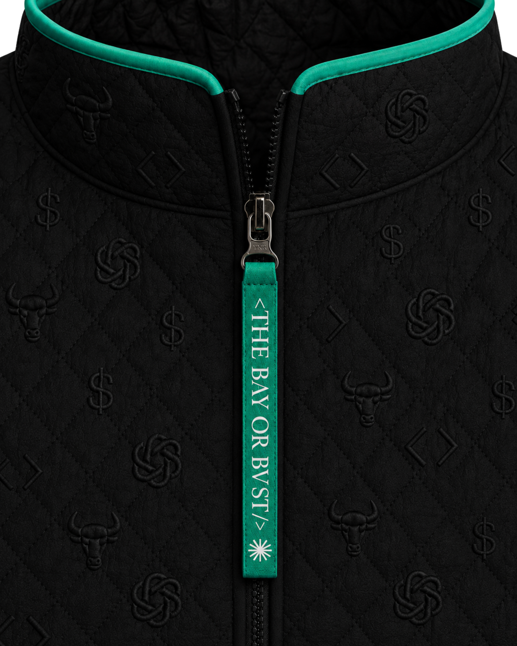 Close-up of the BΛY OR BVST logo on a black Bay or Bust OpenAI signature vest