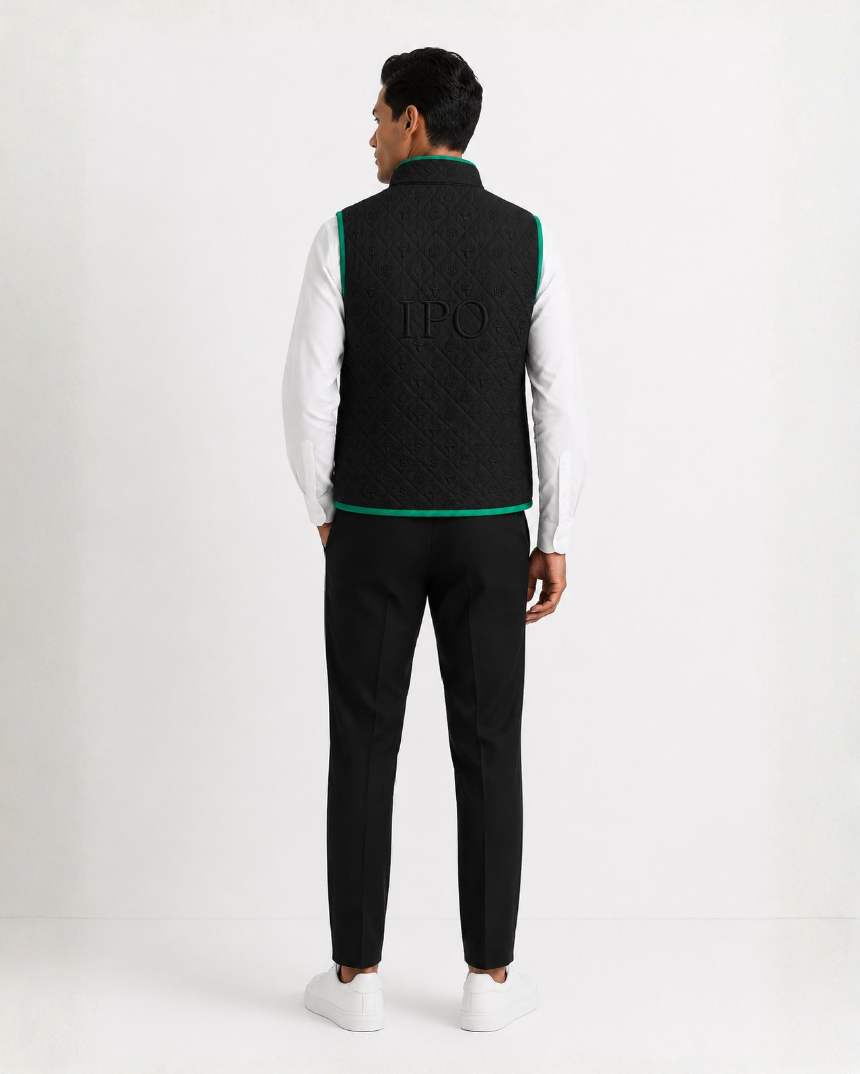 Model wearing a black Bay or Bust OpenAI signature vest, back view for the IPO Collection