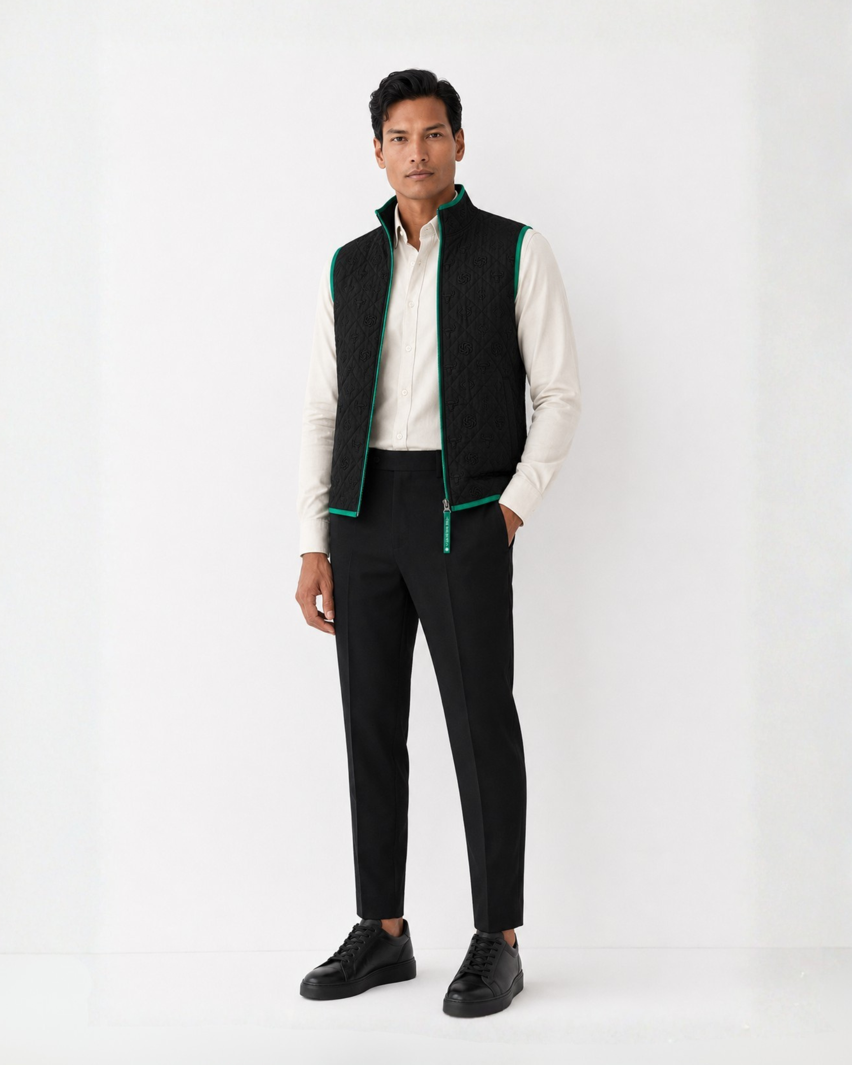 Model wearing a black Bay or Bust OpenAI signature vest, front view for the IPO Collection