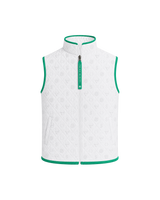 Front view of a white Bay or Bust OpenAI signature vest with BΛY OR BVST logo from the IPO Collection