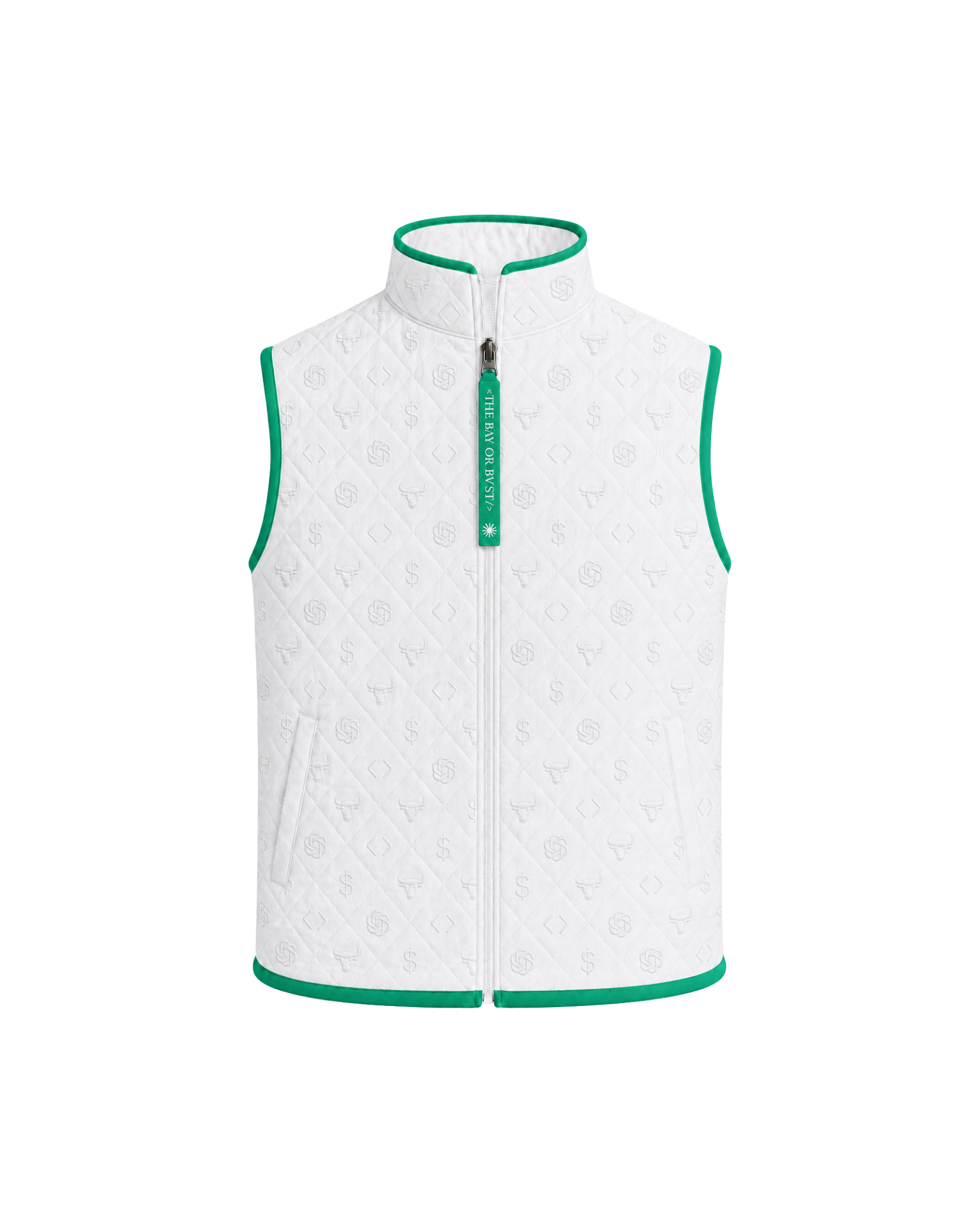 Front view of a white Bay or Bust OpenAI signature vest with BΛY OR BVST logo from the IPO Collection