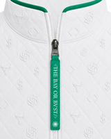 Close-up of the BΛY OR BVST logo on a white Bay or Bust OpenAI signature vest