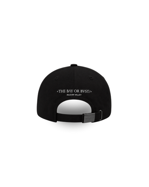 Back view of a black Bay or Bust Motto cap featuring BΛY OR BVST branding from the Motto Collection