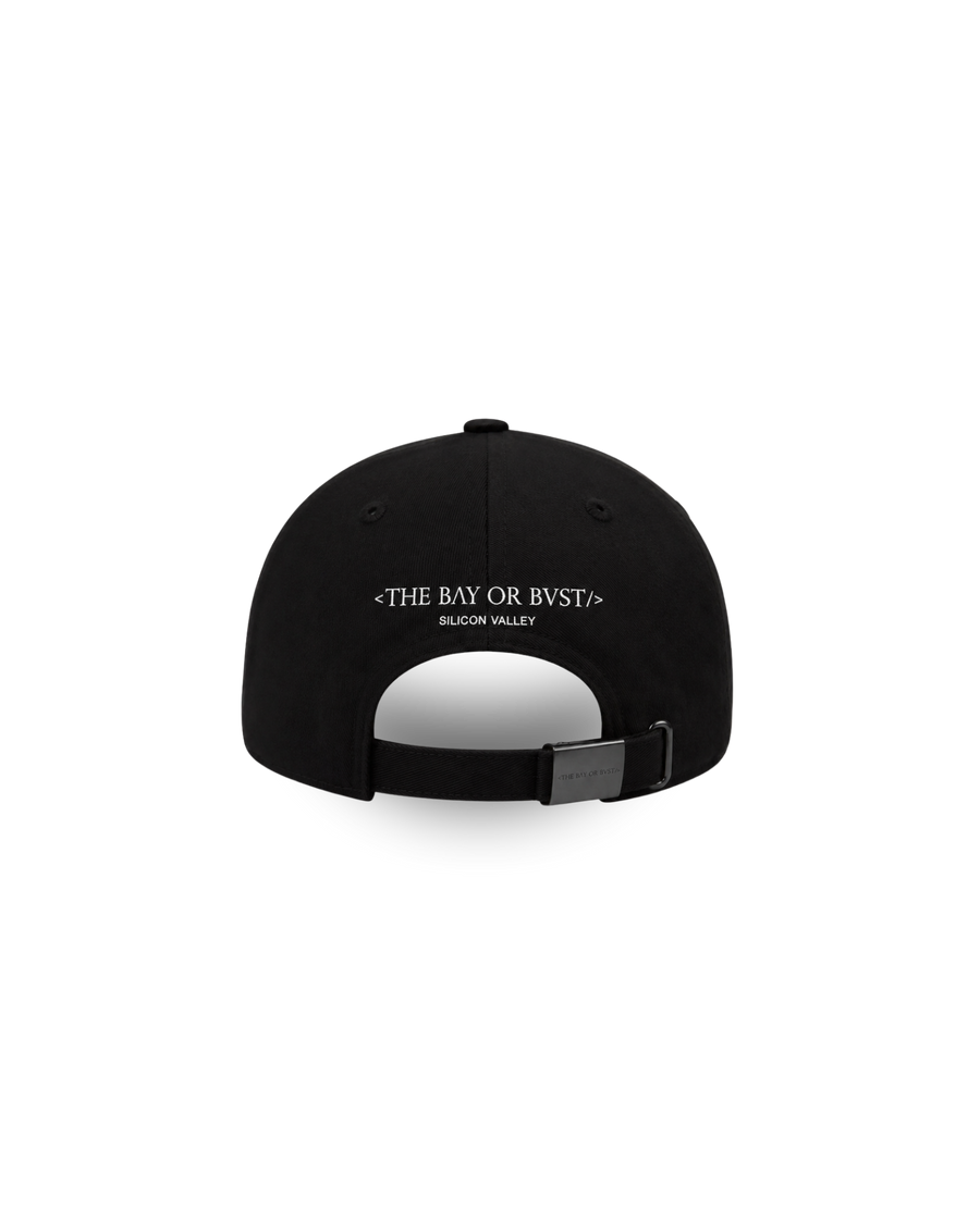 Back view of a black Bay or Bust Motto cap featuring BΛY OR BVST branding from the Motto Collection
