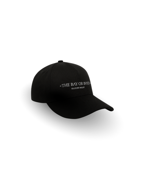 Front view of a black Bay or Bust Motto cap with BΛY OR BVST logo from the Motto Collection