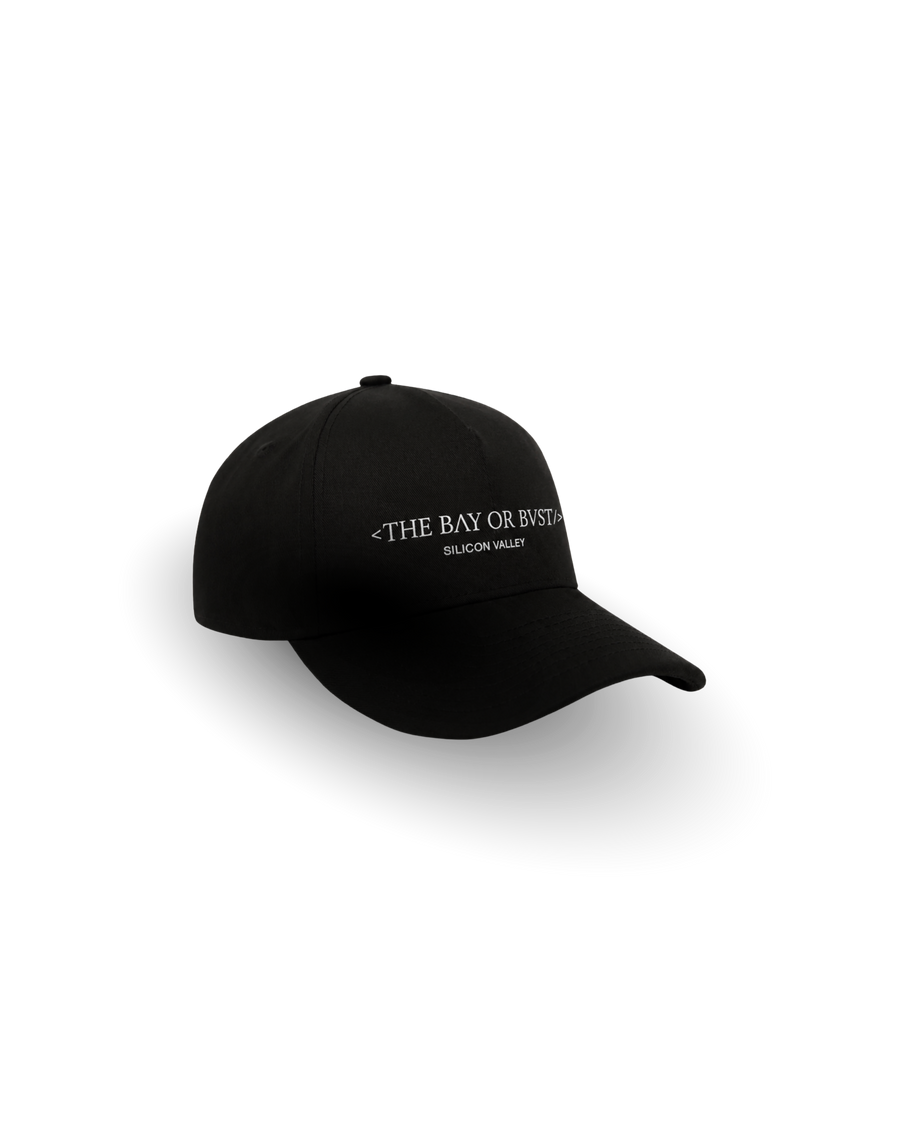 Front view of a black Bay or Bust Motto cap with BΛY OR BVST logo from the Motto Collection