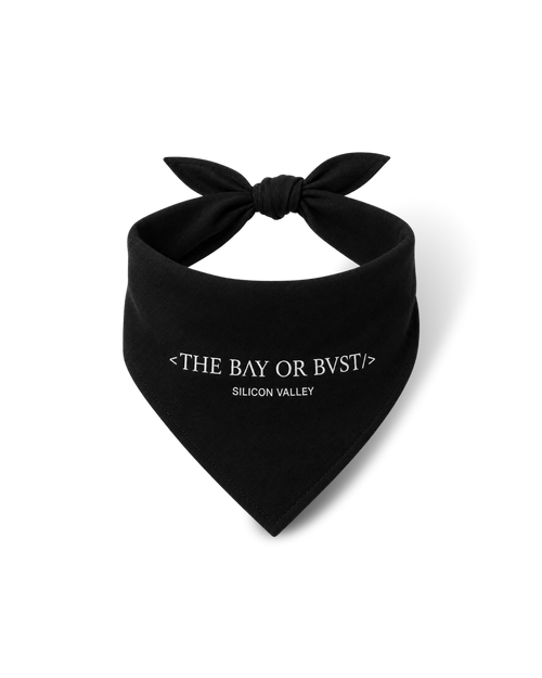 Front view of a black Bay or Bust Motto dog bandana with BΛY OR BVST logo from the Motto Collection