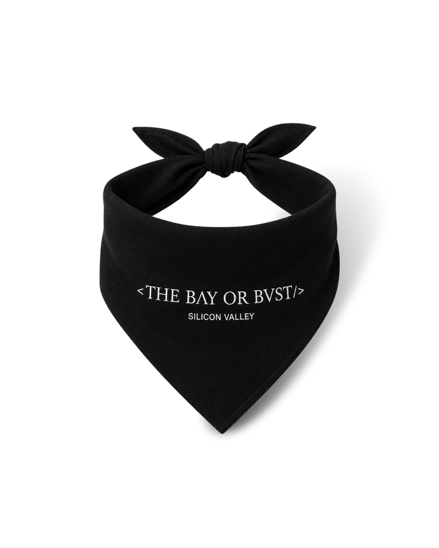 Front view of a black Bay or Bust Motto dog bandana with BΛY OR BVST logo from the Motto Collection