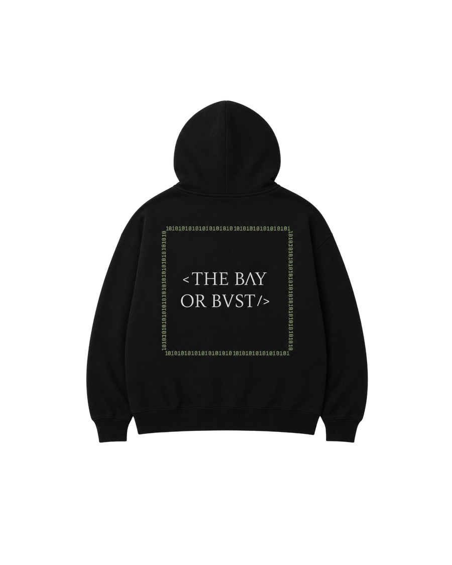 Back view of a black Bay or Bust Motto hoodie featuring BΛY OR BVST branding from the Motto Collection