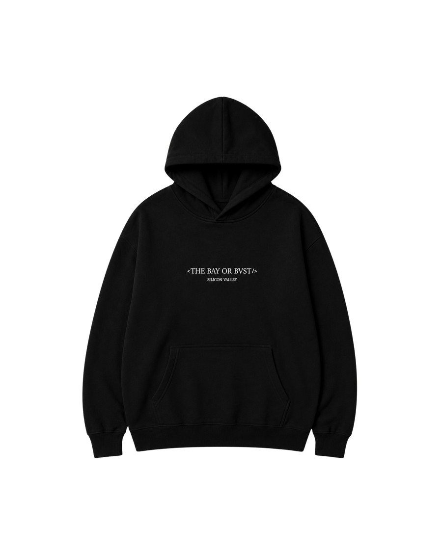 Front view of a black Bay or Bust Motto hoodie with BΛY OR BVST logo from the Motto Collection